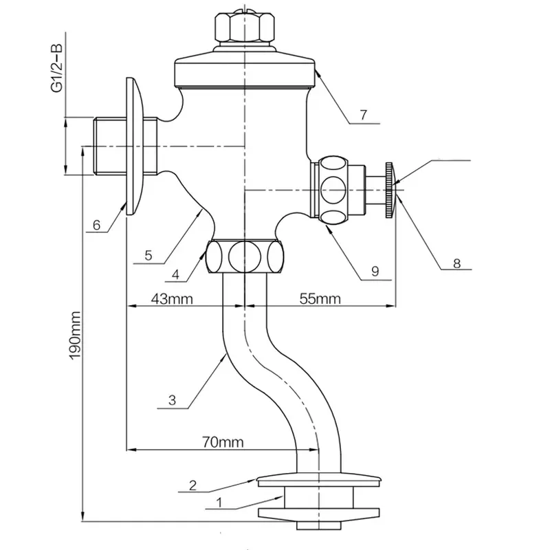 Manual Delay Flush Valve Chrome Plated Wall Mounted Brass Modern Design for Urinal