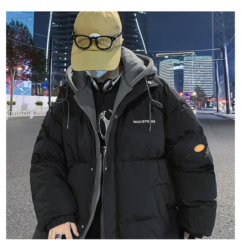 Winter Cotton Jacket Men Women Harajuku Casual Fake Two-piece Windproof Warm Parka Street Clothing Student Thickened Hooded Coat