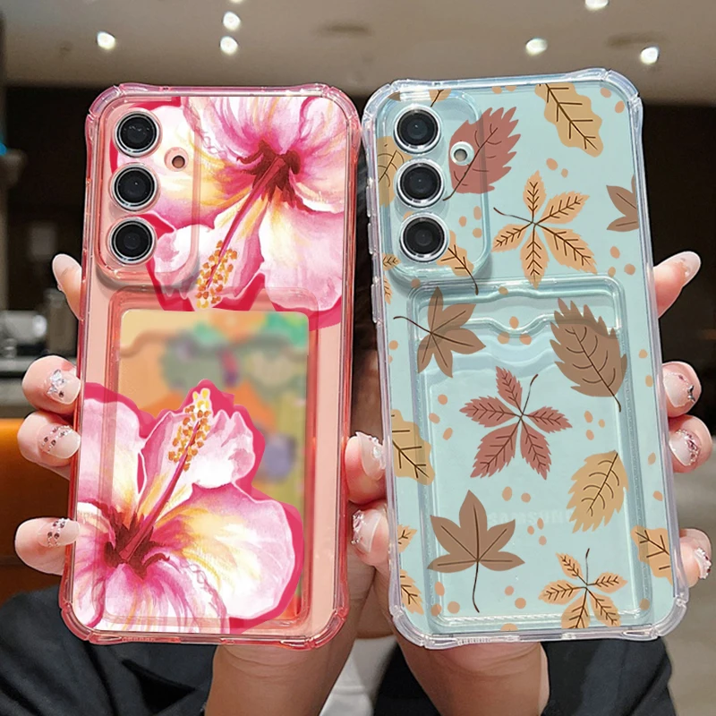 Flowers Leaves Card Slot Case For Samsung S26 Ultra S25 FE S24 Plus S23 S22 S21 A15 A16 A17 A35 A36 A37 A54 A55 A56 A57 5G Cover