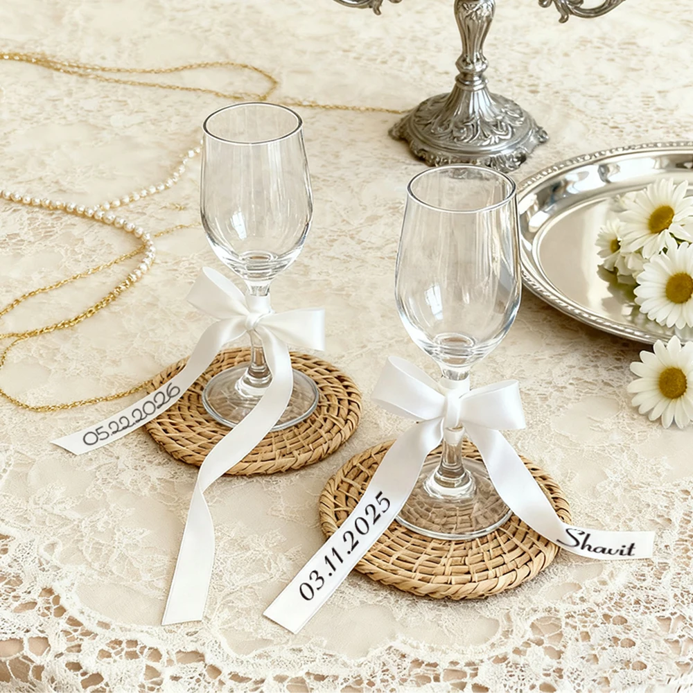 5pcs Custom Name Wine Glass Bows, Personalized Wedding Champagne Ribbon Markers, Elegant Drink Party Decor, Bridal Table Setting