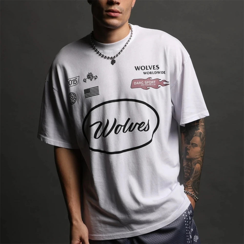 Gym Oversized Men T Shirts Short Sleeve Fitness Running T-Shirt American Neutral Couple Printing Cotton Crew Neck Loose Tee Tops