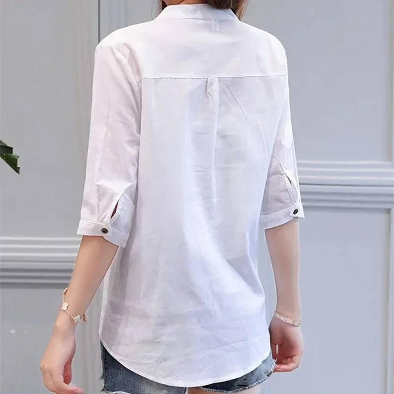 Women\'s Cotton Linen V-Neck Blouse, OL Shirt, Half Sleeve, White, Casual Clothes, Spring, Summer, New, Fashion, D377 30