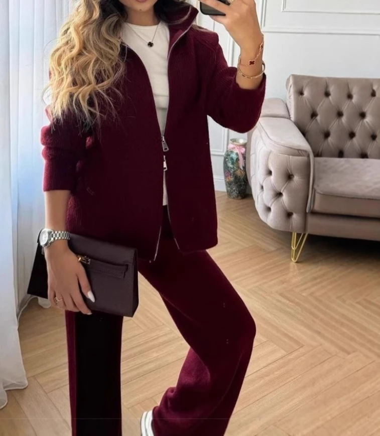 

Angola Red Sweater Set - Zipper Top Coat and Wide-leg Pants - Knitted Casual Women's Clothing Two Piece Sets Womens Outifits
