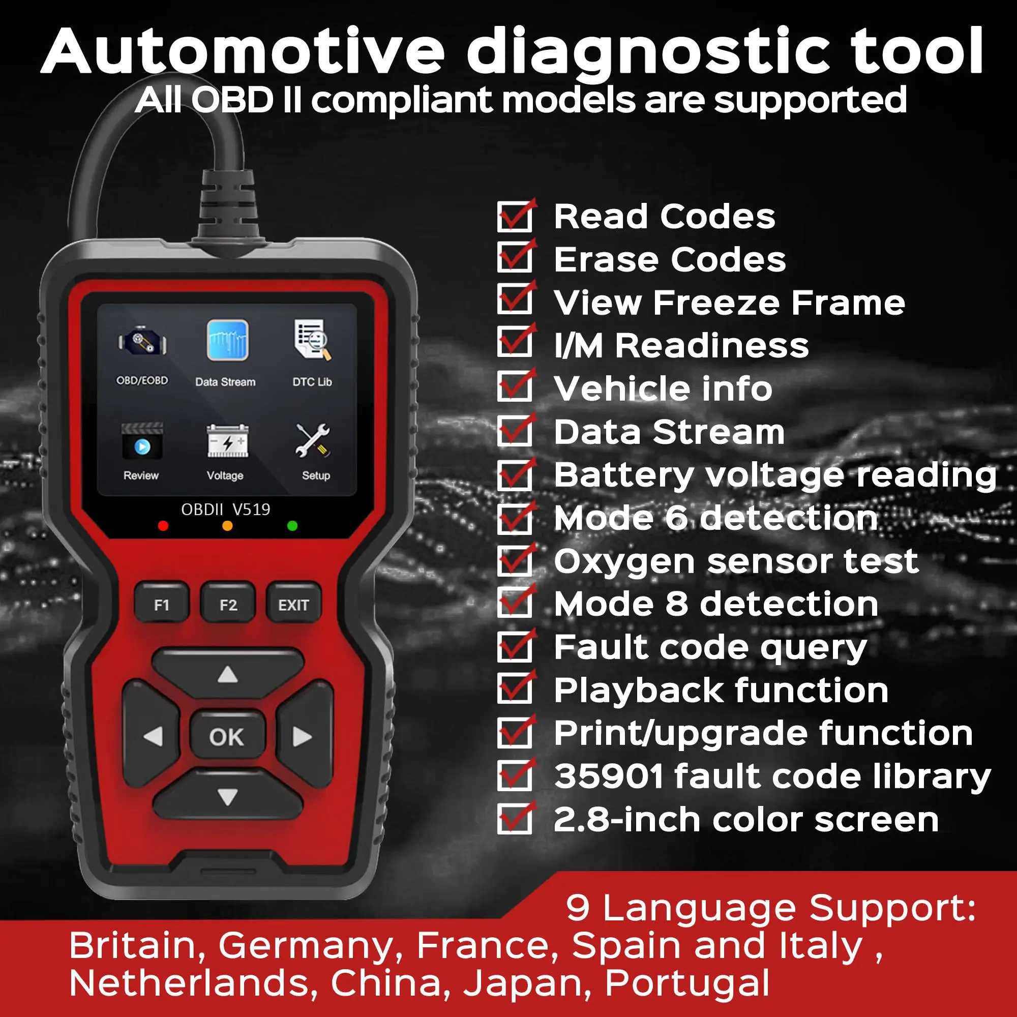 OBD2-Scanner, Live-Daten, professioneller Mechaniker, OBDII-Diagnosecode-Lesegerät für Check Engine Light V519
