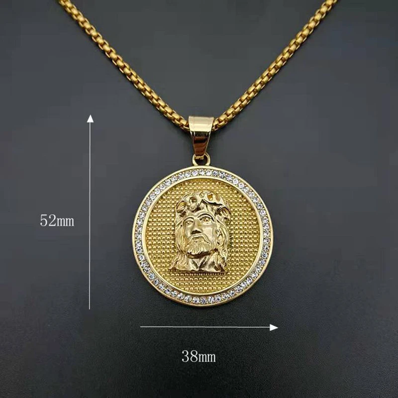 Hip Hop Bling Iced Out Solid Stainles Steel Jesus Piece Round Pendants Necklaces for Men Rapper Jewelry Gold Color Drop Shipping