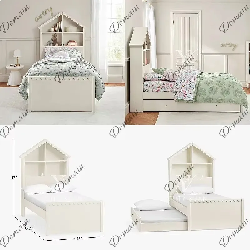80 N French Cottage Style Kids Storage Bed with Pull Out Trundle Bookshelf Solid Wood Girl Bed