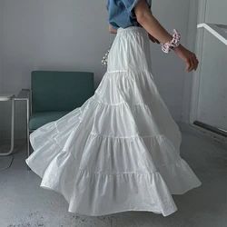 Summer White Large Hem Long Skirt Women 2022 Elastic High Waist Pleat A-line Maxi Umbrella Skirt Solid Color