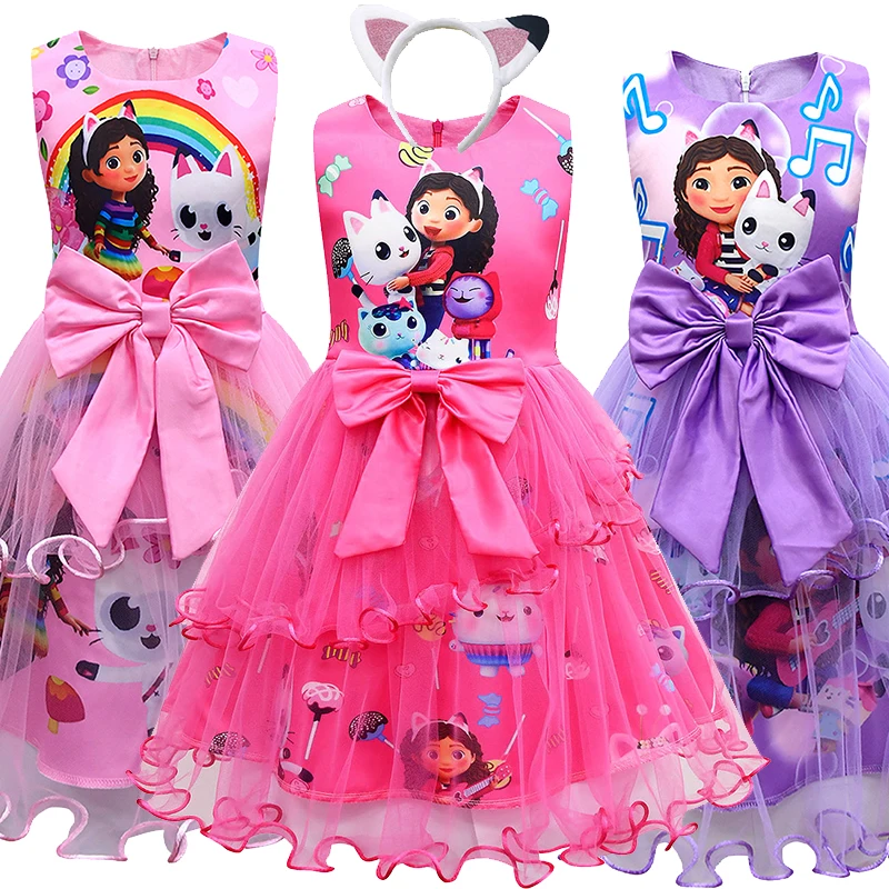 

Baby Girls Gabbys Dollhouse Cosplay Costume Lace Tunic Polyester Dress Fashion Kid Bow Princess Frock Children Clothes Headbands