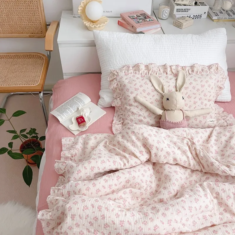 Korean Vintage Floral Printed Ruffled Cotton Baby Duvet Cover Kids Children Infant Cot Crib Duvet Covers Quilt Cover Bedding