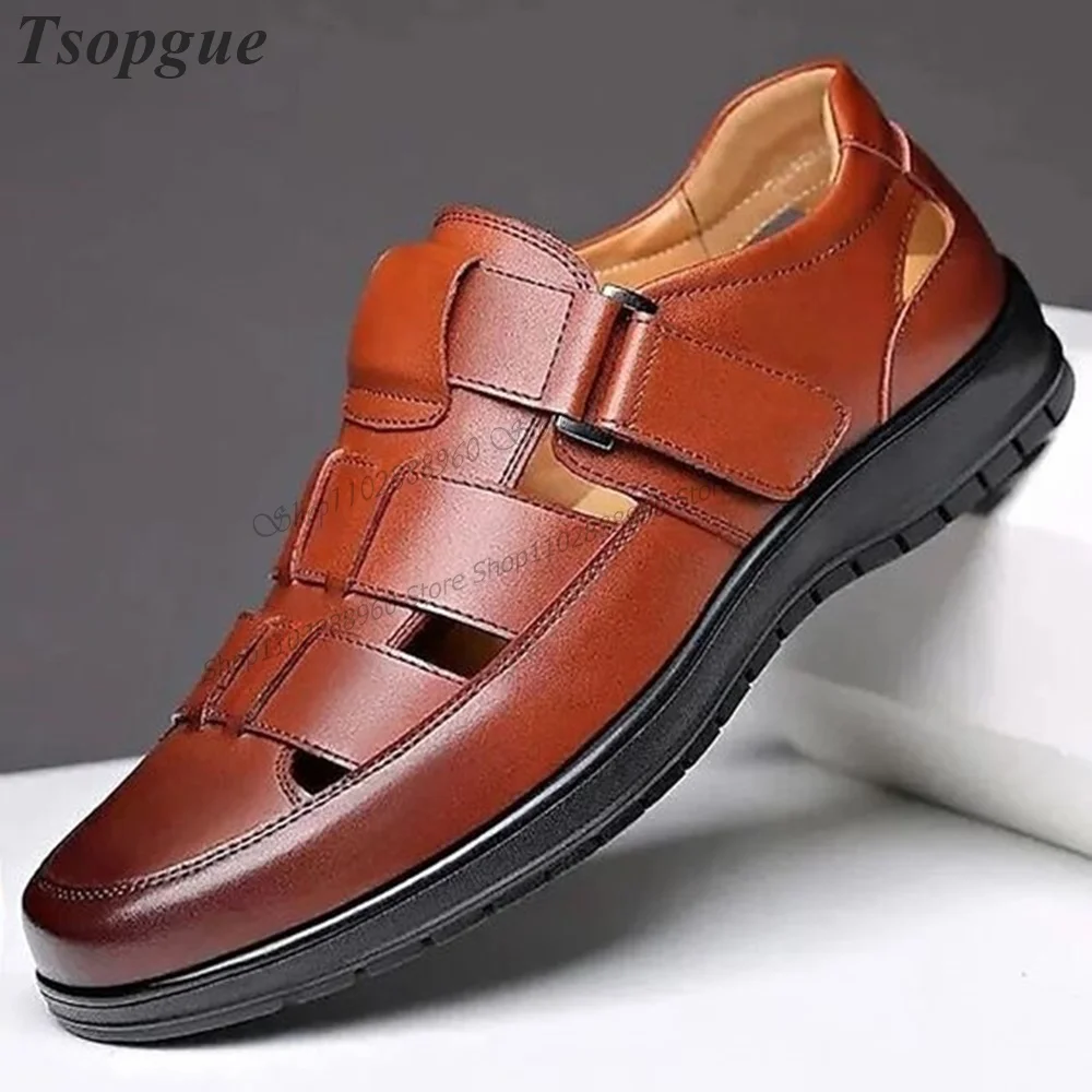 British Style Brown Hollow Matte Leather Hook Men's Sandals Men Shoes Runway Casual Party Shoes 2023 Fashionable Zapatillas Muje