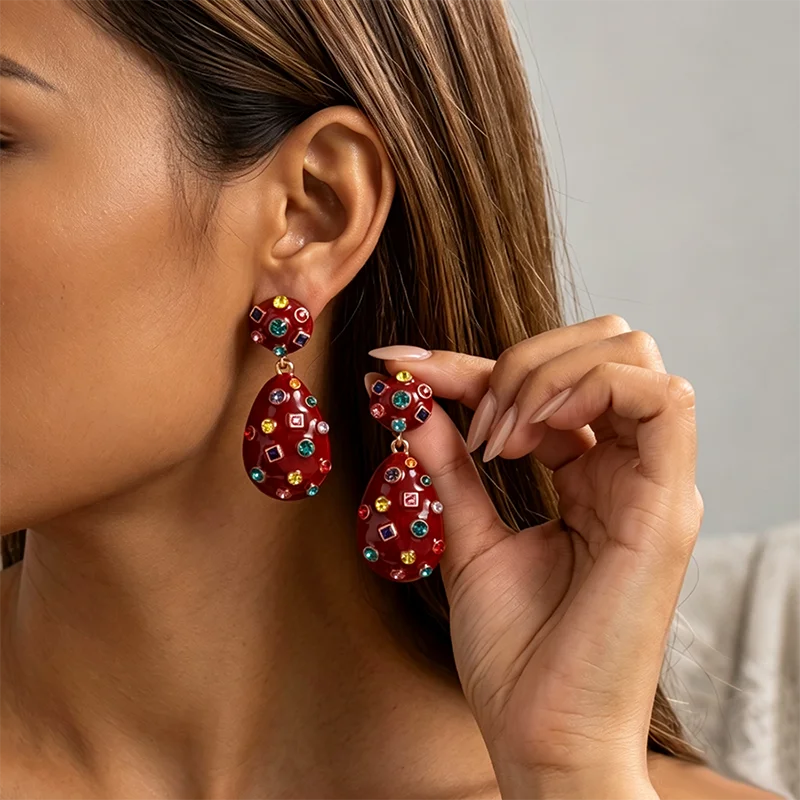 Luxury Red Enamel Teardrop Dangle Earrings Vintage Multi-Shape Rainbow Crystal Drop Jewelry For Women Date & Gala Wear