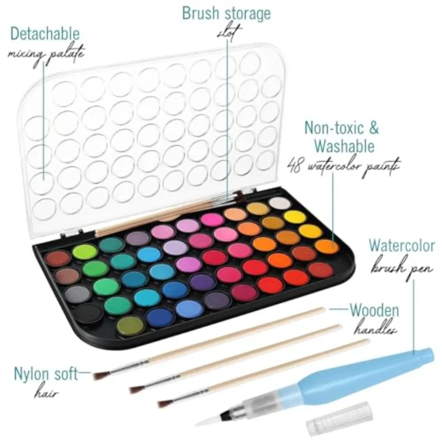 Watercolor Paint Set- 48 Colors Washable Water Paint with Palette, 3 Brushes and Refillable Water Brush Pen, Non Toxic, for,Beg