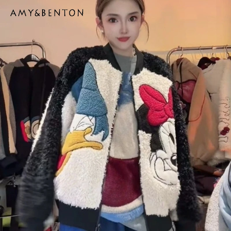

2025 Autumn Winter Patchwork Cartoon Style Zipper Heavy Embroidery Short Jacket Women's Trendy Lamb Wool Patchwork Top Coat Girl