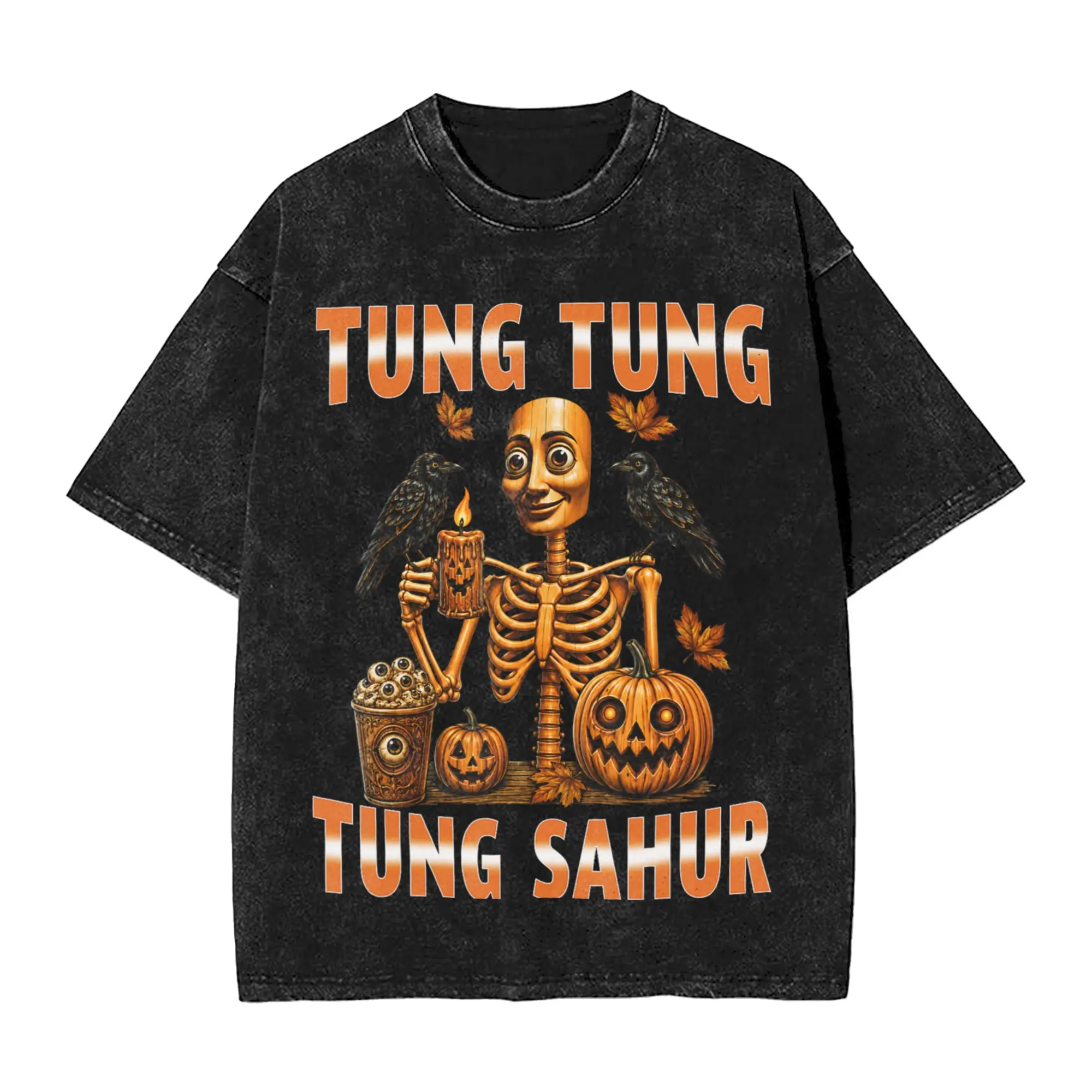Men T-Shirt Vintage Halloween Skeleton Tung Tung Sahur Pumpkin Washed T Shirts Popular Summer Tees Awesome Loose Cotton Clothes