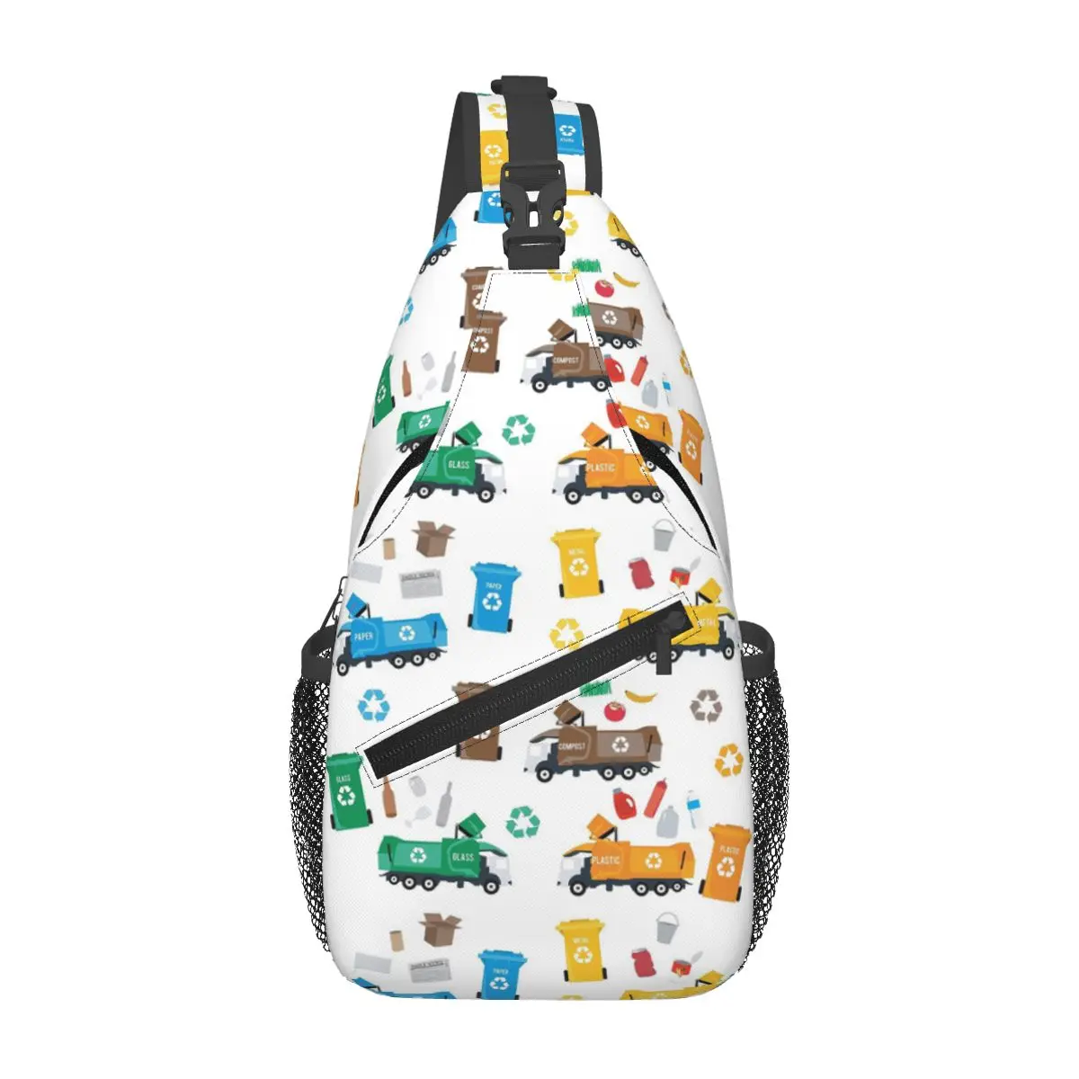 Colorful Recycling Garbage Trucks and Bins Chest Bag Men Sling Crossbody Backpack Chest Bag Travel Hiking Daypack Shoulder Bag