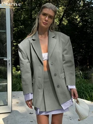 Clacive Fashion Loose Gray Office 2 Piece Set Women Outfit 2025 Elegant Long Sleeve Blazer With High Waist Mini Skirt Set Female