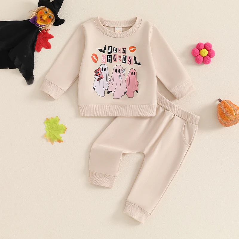 Suefunskry Peuter Halloween Baby Outfit Ghost & Bat Print Lange Mouw Ronde Hals Sweatshirt Met Effen Kleur Elastische Taille Broek