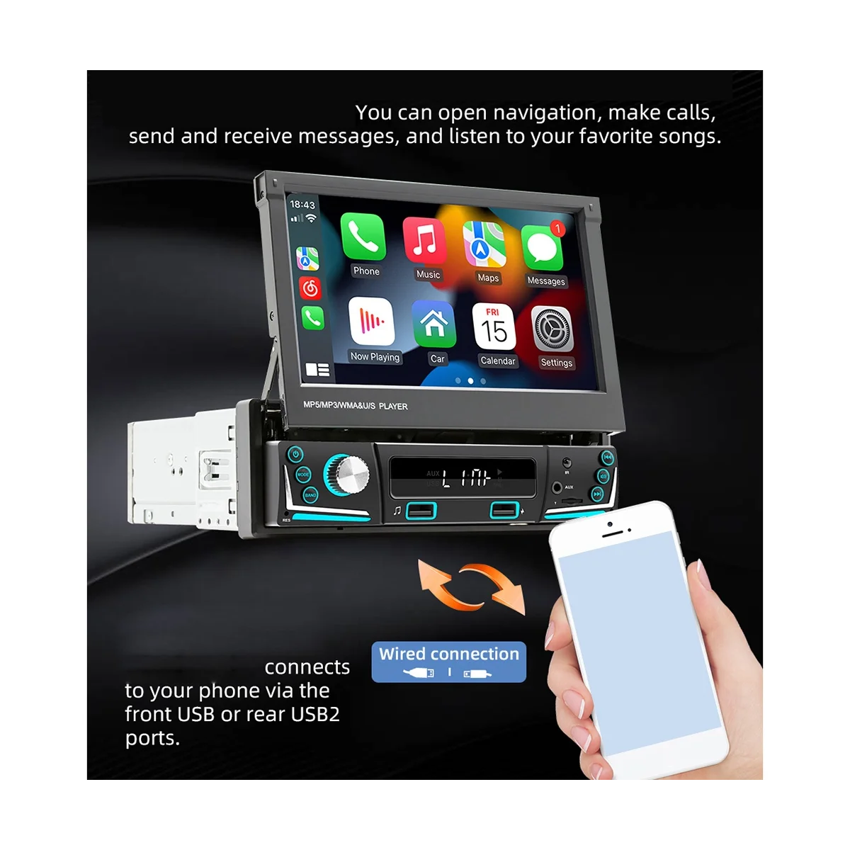 7Inch Car Electric Telescopic Screen Wired CarPlay Android Auto Car Portable Radio Bluetooth MP5 FM Receiver the Host