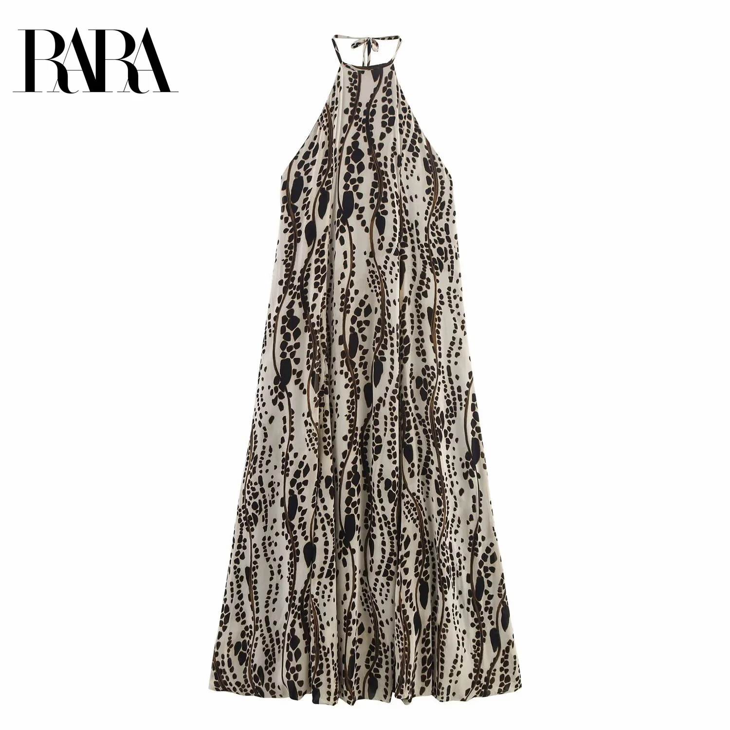 

RARA Women's Summer New Elegant Sexy Sleeveless Off - Shoulder Halter Neck Mid - length Printed Dress Backless Decor