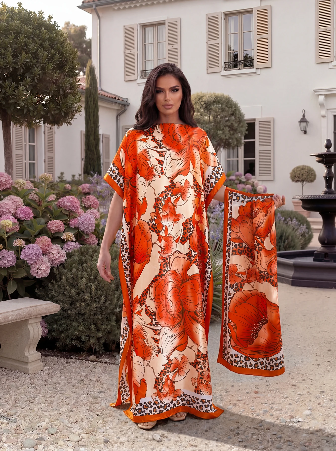 Tropical Floral Leopard Print Satin Abaya Scarf Set, Loose Batwing Maxi Kaftan For Muslim Women Summer Beach Vacation Wear view 2