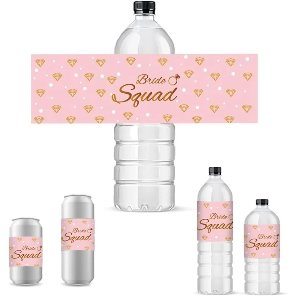 30pcs Wedding Water Bottle Labels Bride Squad Bottle Wraps Pink Diamond Adhesive Stickers Wine Champagne Bottle Cover Tags