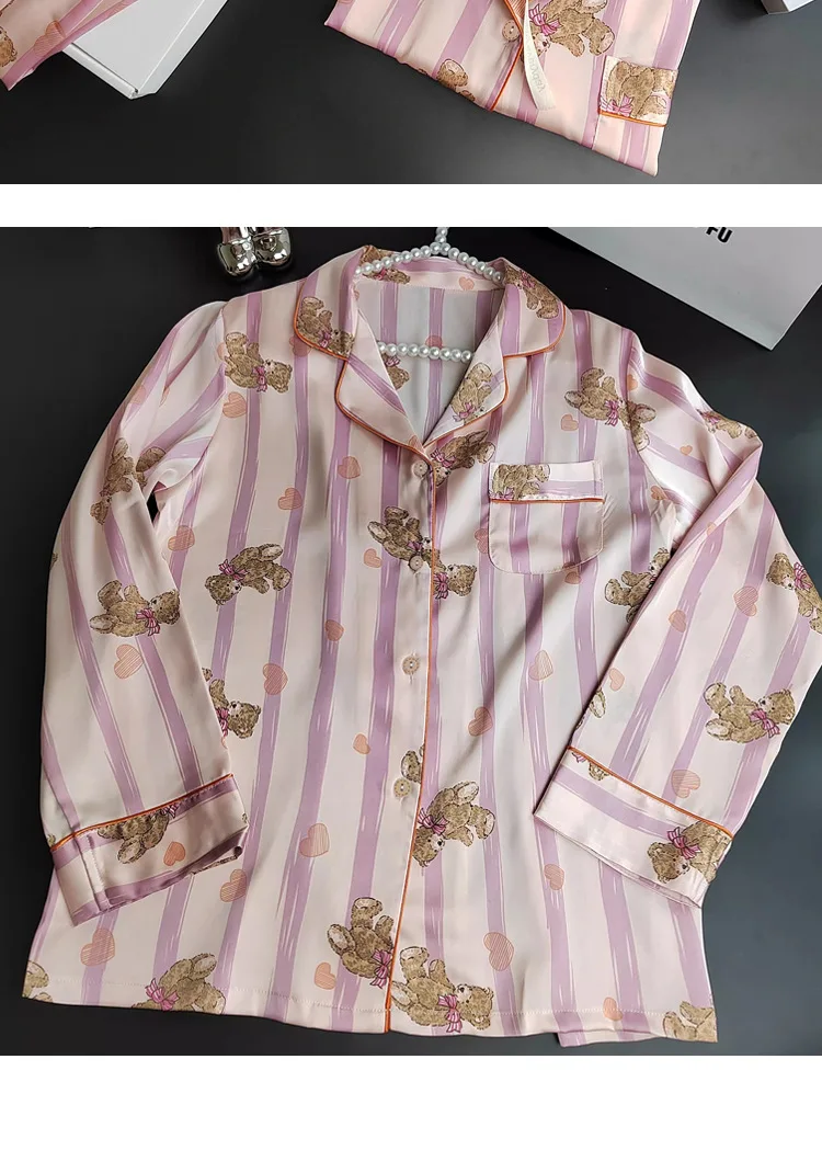 Herbst und Winter Damen Pyjamas Cartoon Rosa Gestreift Bär Pyjamas Strickjacken Lange Ärmel Hosen Loungewear Zweiteiliges Set – Detail 10