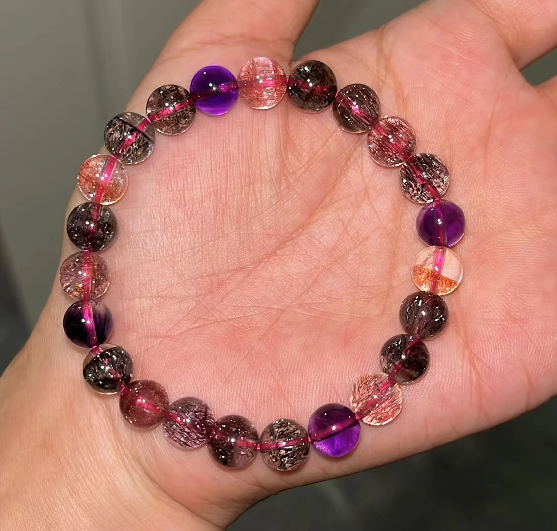 

Natural Purple Black Super 7 Seven Red Lepidocrocite Quartz Bracelet Jewelry 8.2mm Woman Rutilated Quartz Clear Beads AAAAAAA