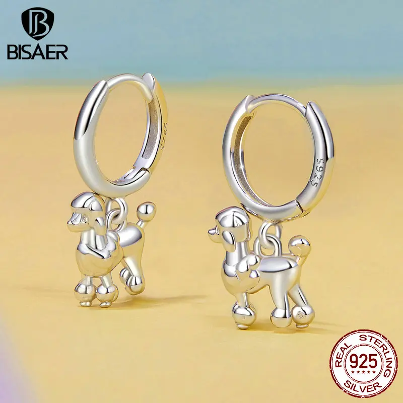 BISAER Real 925 Sterling Silver Cute Poodle Ear Buckles Pet Dog Hoop Earrings Plated White Gold for Women Party Fine Jewelry