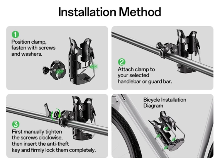 Kewig SHJ-6 Motorrad-Getränkehalter, verstellbar, Diebstahlschutz, Anti-Fall, 360° ° Drehbare Getränkeflaschenhalterung für Roller, E-Bike und Fahrrad – Detail 11
