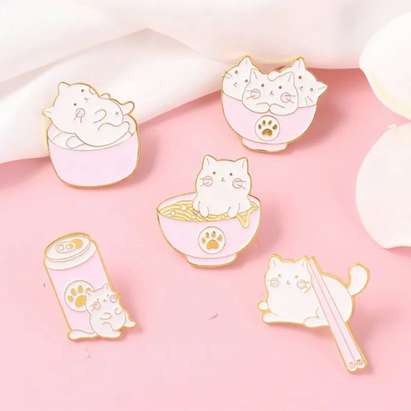 Enamel Pin Pink Can Chopsticks Noodle Bowl Brooches Metal Badges Bag Clothes Pins Up Jewelry Gift for Cat Lover Cat and Food