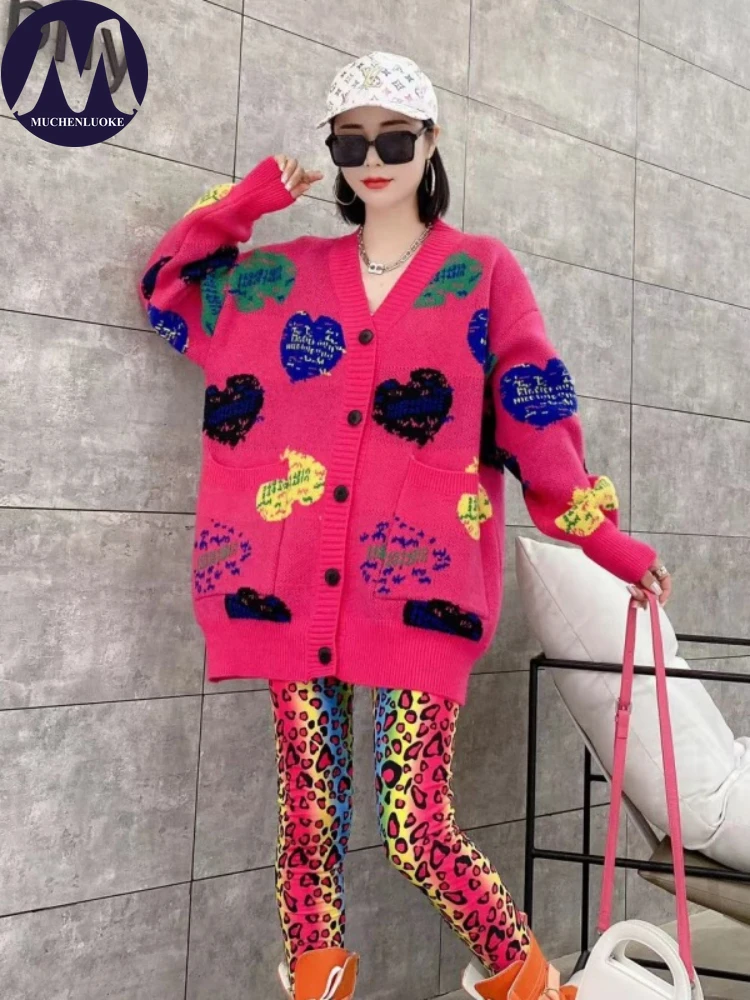 Women's Love Pattern Knitted Sweaters, Loose Cardigan, Lazy Style Coats, Casual Fashion Clothing, Autumn, Winter, New, 2023