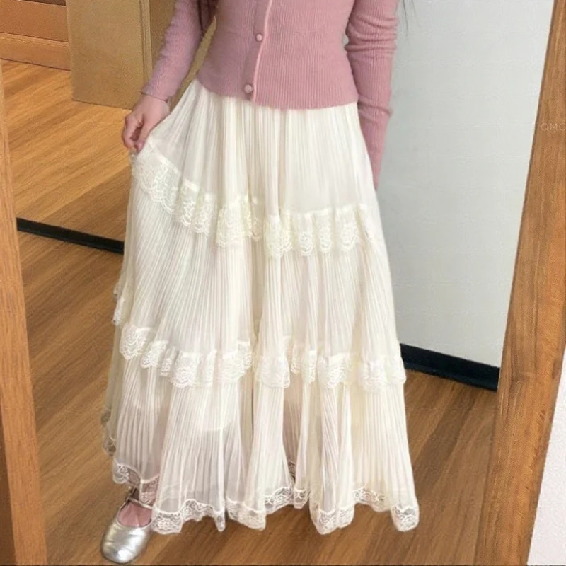 Summer White Lace-Panel Pleated Midi Skirt for Women Slimming, Versatile A-Line Skirt Sweet Girls Full Skirt