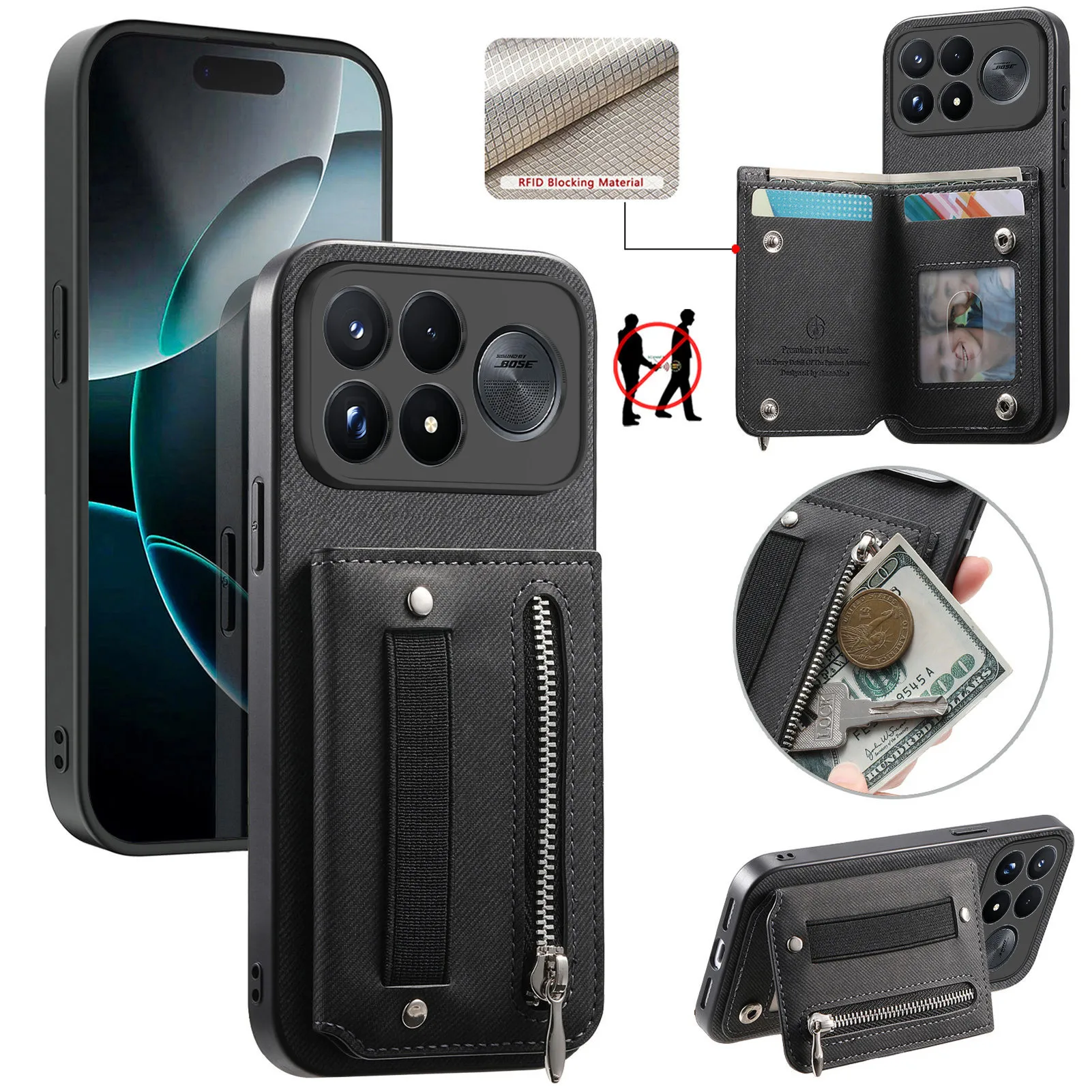 For POCO F9 Ultra Case Luxury Wristband Zipper Wallet Leather With Card Holder Flip Shockproof Protection Back Cover Accessories