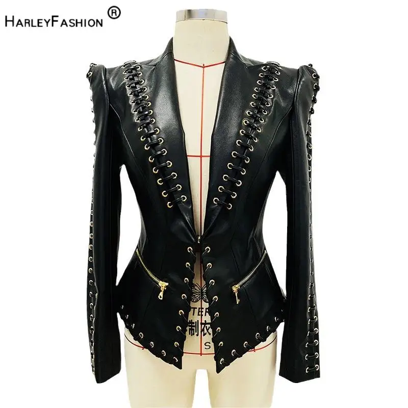 

2024 High Quality Spring Lady Office Fashion Pu Coat Slim Fitted Designed Lace-up Women Long Sleeve Solid Blazer