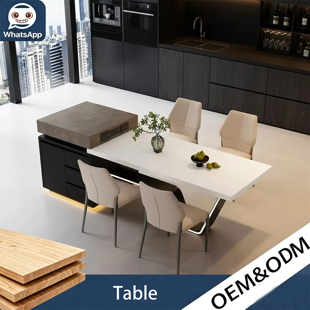 Italian Minimalist Faucet‑Shaped Island Table, Sintered Stone Steel, 3 Drawers Custom Glass Drawer Basket Dining Furniture
