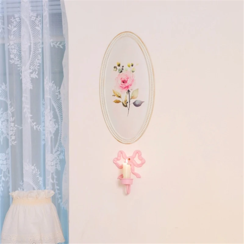 Pink Bow Wall Candlestick French Vintage Wrought Iron Candle Holder White Wall Decorations Home Restaurant Wall Decor