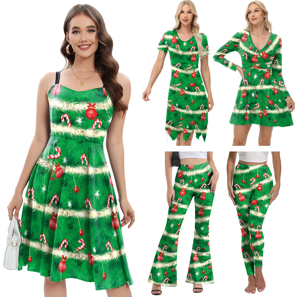 Zawaland Christmas Dress Suit Green Tree Cosplay Costume Printing Xmas Party Dress Women Leggings Carnival Fancy Wide Leg Pants