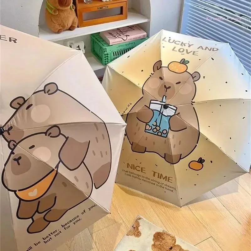 Cartoon Capybara Automatic Sunscreen Folding Dual-Purpose Sun Umbrella Foldable and Durable Waterproof Student Umbrella