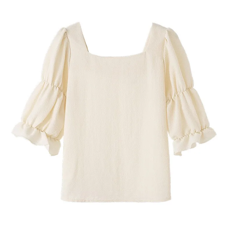 Elegancki, wyszczuplający kwadratowy top z szyfonu z efektem pęcherzyków, designerski, marszczony, z odkrytymi ramionami, modny letni strój damski.