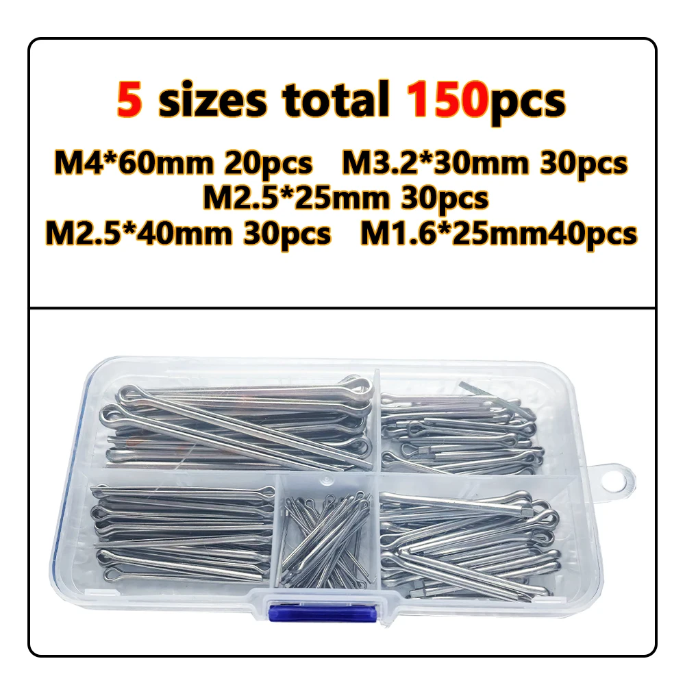 150PCS Stainless Steel Cotter Pin Kit Split Pin Assortment Whistle U Pin Fixings Assorted Sizes M1.6  M2.5 M3.2 M4