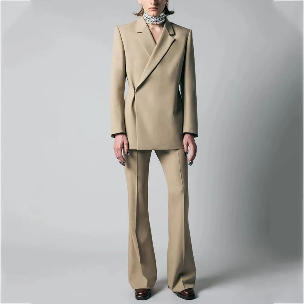

Новый осенний мужской костюм из двух предметов с лацканами спереди на плоской подошве, модный комплект, пиджак, брюки, прямой повседневный мужской комплект для вечеринки, выпускного вечера