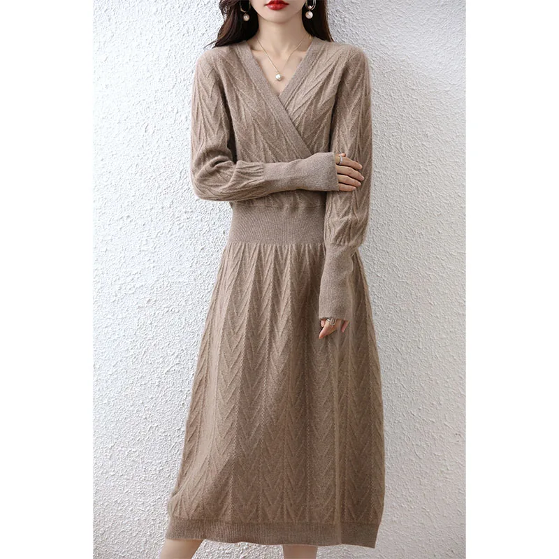 Elegant Fashion Cashmere Sweater Women Dresses 100% Merino Wool V-Neck Long-Sleeve Thick Knitted Dress Winter Long A-Line Skirts