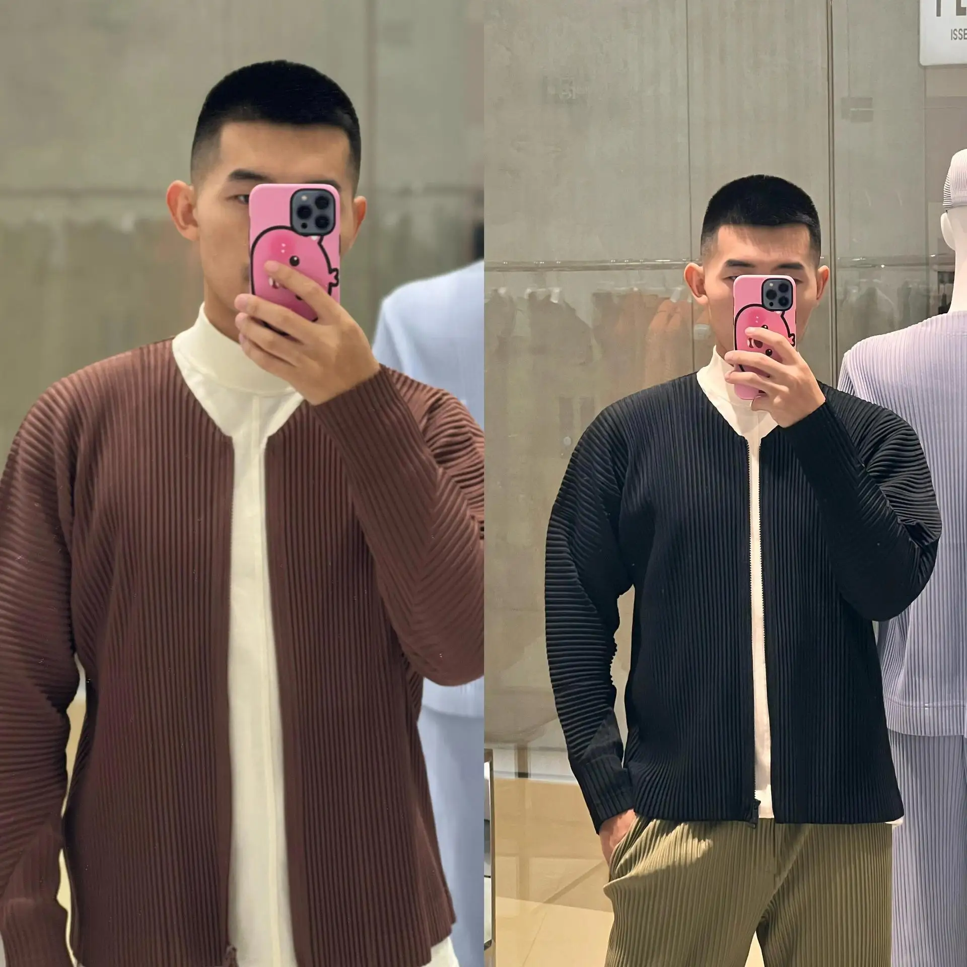 

Miyake Spring Autumn Winter 2025 Men's Pleated Crew Neck Jacket Pleated Casual Long Sleeve V-Neck Plisse Zipper Jacket Men