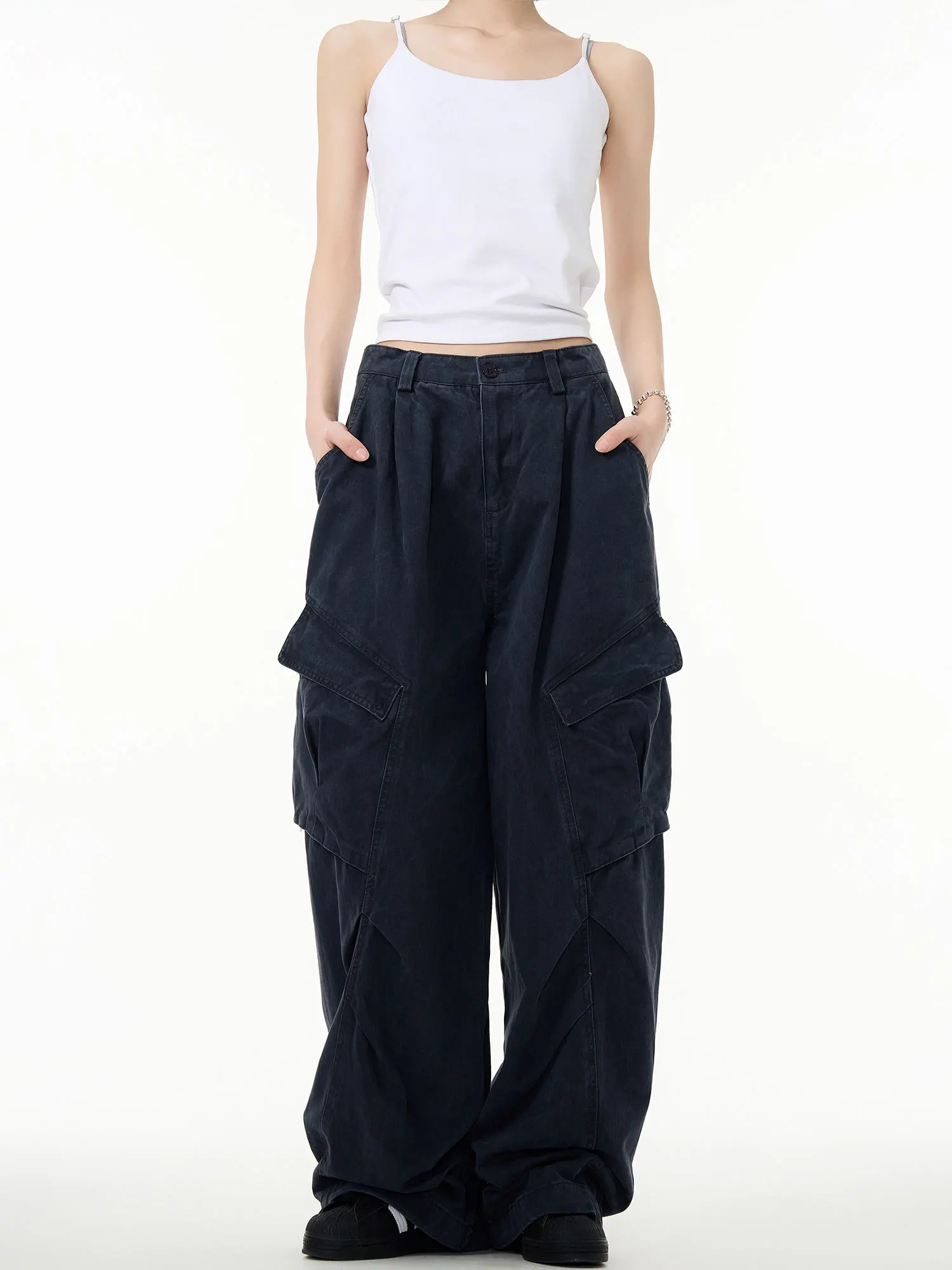 تصميم ريترو أمريكي فضفاض غير رسمي مطوي مستقيم أنبوب السراويل درا عمال بنطلون للنساء جينز واسع الساق l الخصر