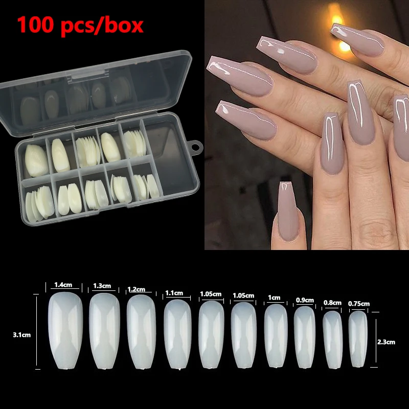 100pcs French Ballerina Fake Nail Tips Artificial False Nails Acrylic Half Tips Clear Gel Manicure Tip Professional DIY