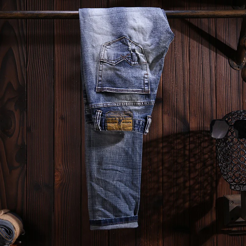 Streetwear Fashion Men Jeans High Quality Retro Blue Stretch Slim Fit Hole Ripped Jeans Men Vintage Designer Denim Pants Hombre