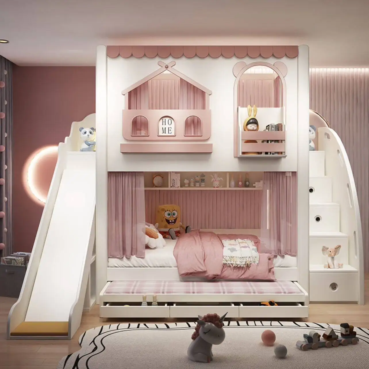 New Modern Children's Girl Princess Bunk Bed Two-tier High-low Bed for Girls and Sisters with High Guardrails and Slide Bedroom