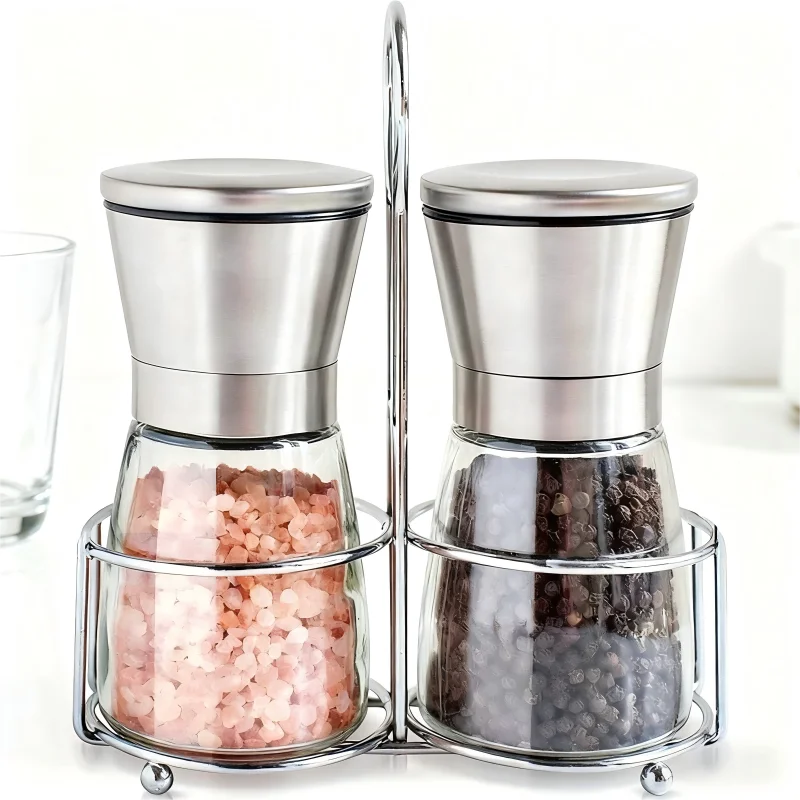 مطحنة الملح والفلفل، مطحنة من الفولاذ المقاوم للصدأ، زجاجة توابل زجاجية، زجاجة طحن يدوية، أداة مطبخ توابل قابلة للتعديل