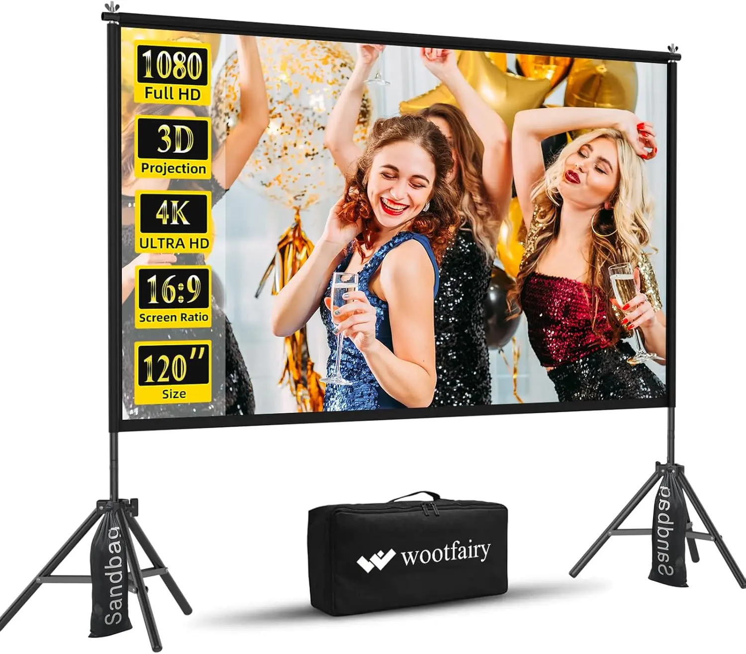 120 Inch Portable Foldable Projector Screen with Stand, Indoor Outdoor 16:9 HD Wrinkle-Free for Home Theater Backyard Cinema