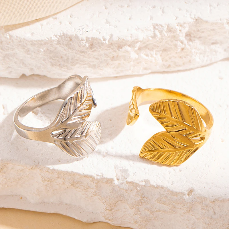 ANENJERY Stainless Steel Leaf Feather Butterfly Open Ring for Women Simple Personality Jewelry Gifts Wholesale